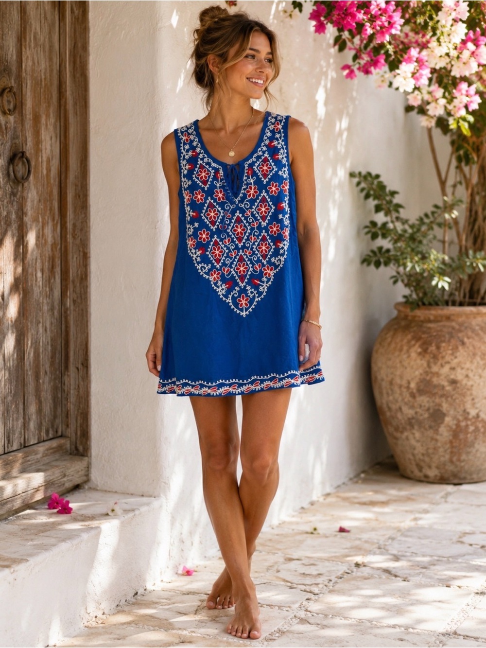 Blue Embroidered Boho Shift Dress Small 100% Cotton Sleeveless